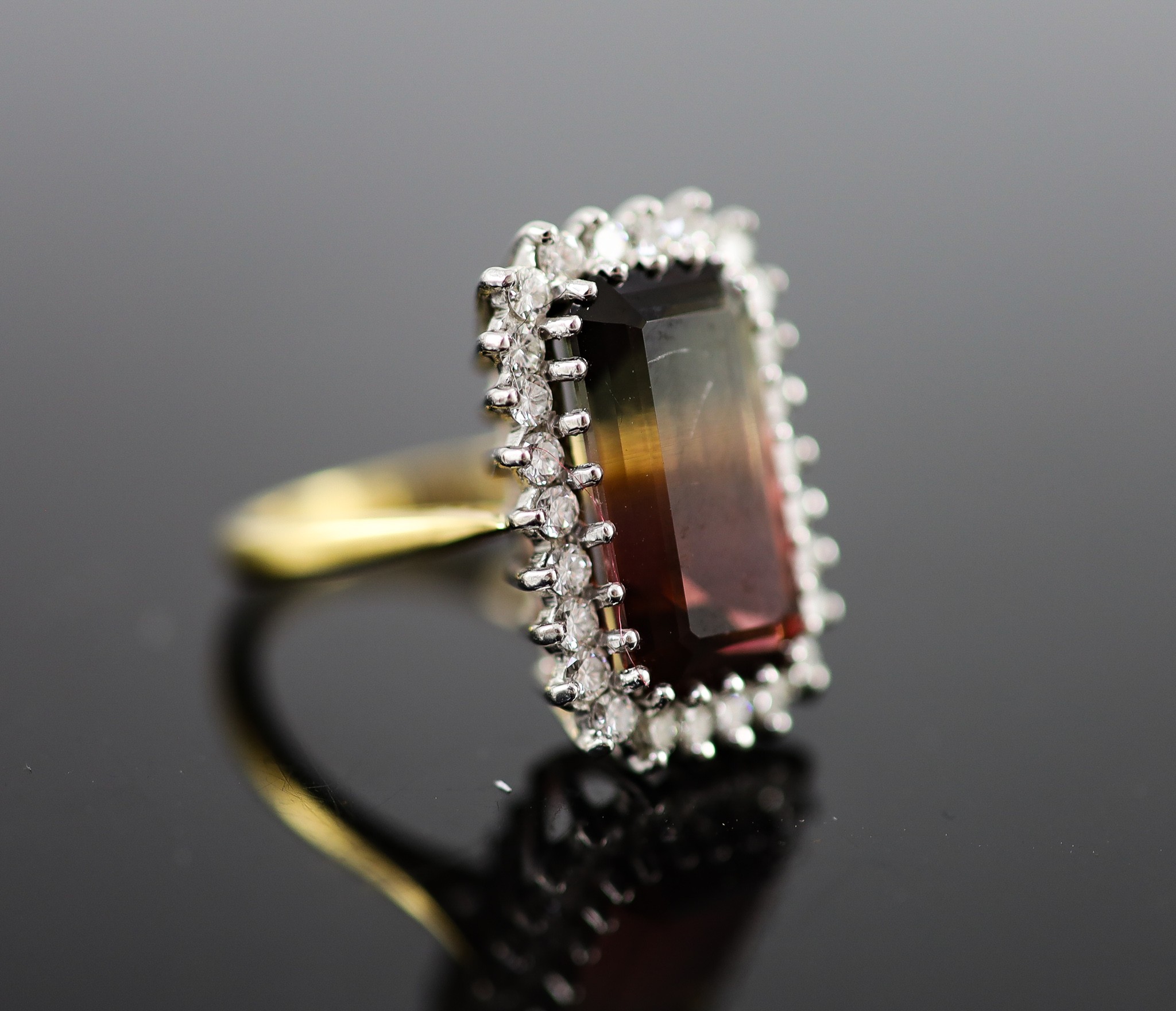 A modern 18ct gold watermelon tourmaline and diamond set rectangular cluster ring